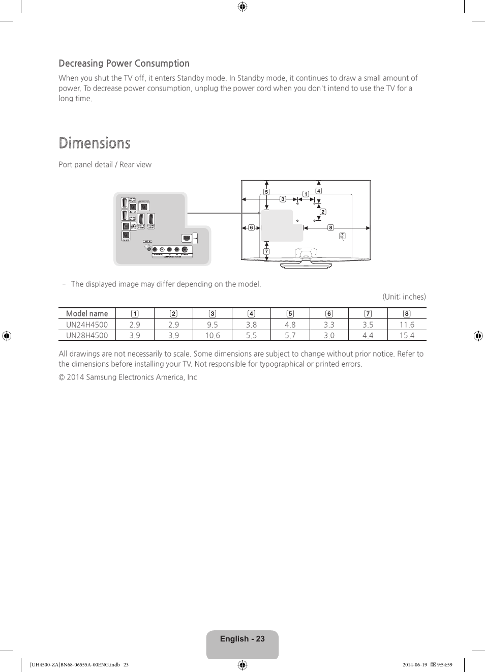 Dimensions, Decreasing power consumption | Samsung UN24H4500AFXZA User Manual | Page 23 / 30