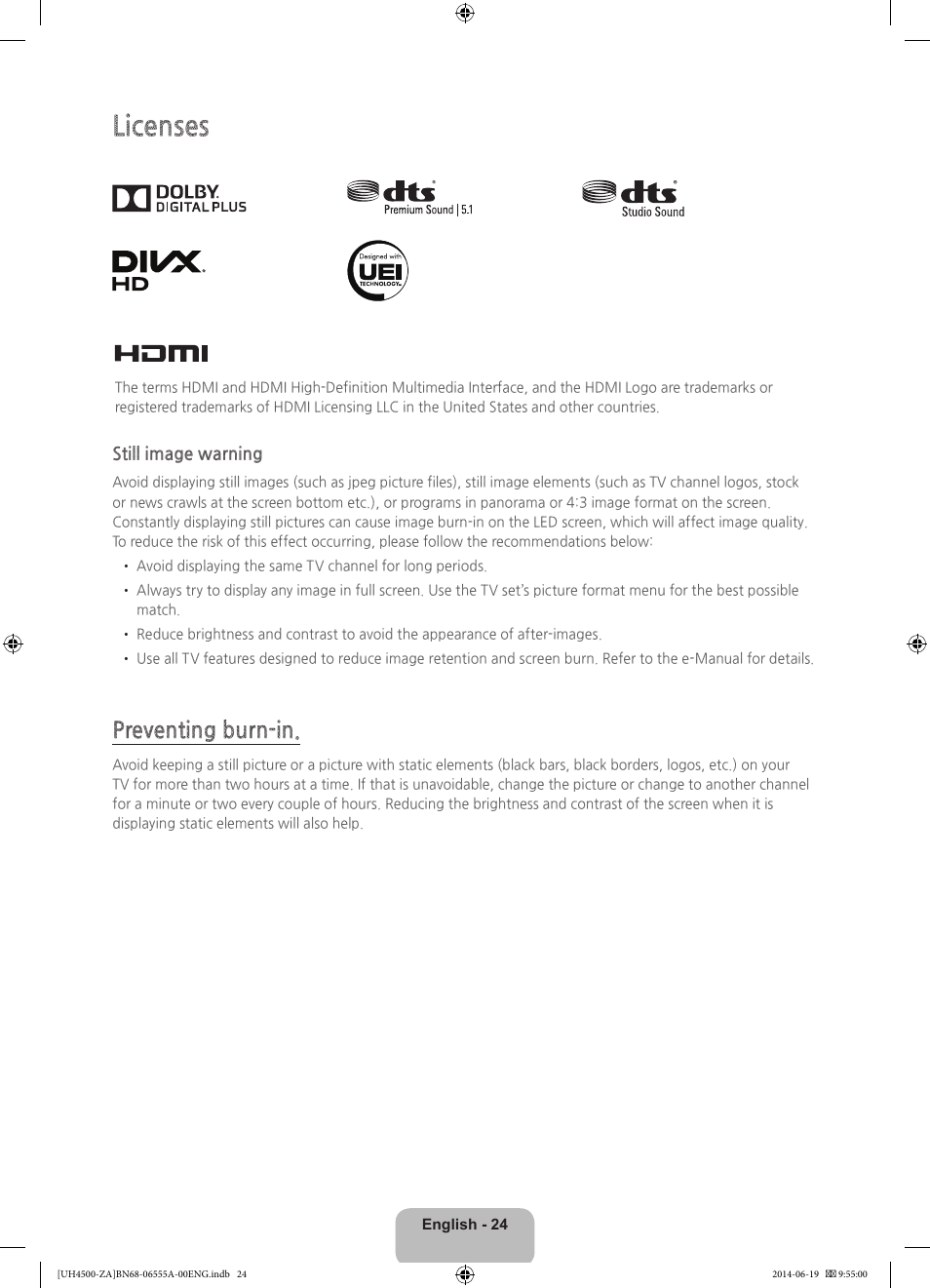 Licenses, Preventing burn-in | Samsung UN24H4500AFXZA User Manual | Page 24 / 30