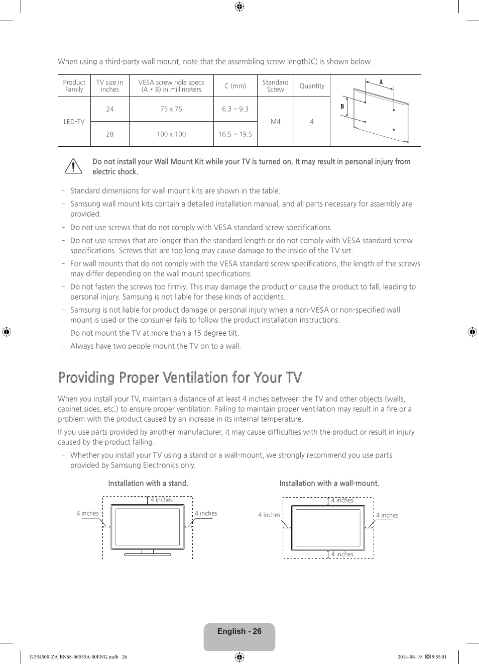 Providing proper ventilation for your tv | Samsung UN24H4500AFXZA User Manual | Page 26 / 30