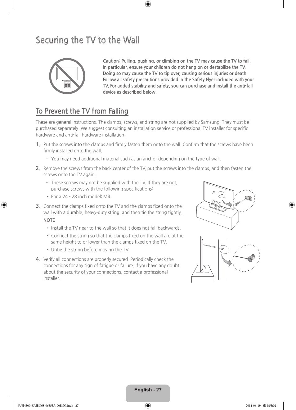 Securing the tv to the wall | Samsung UN24H4500AFXZA User Manual | Page 27 / 30
