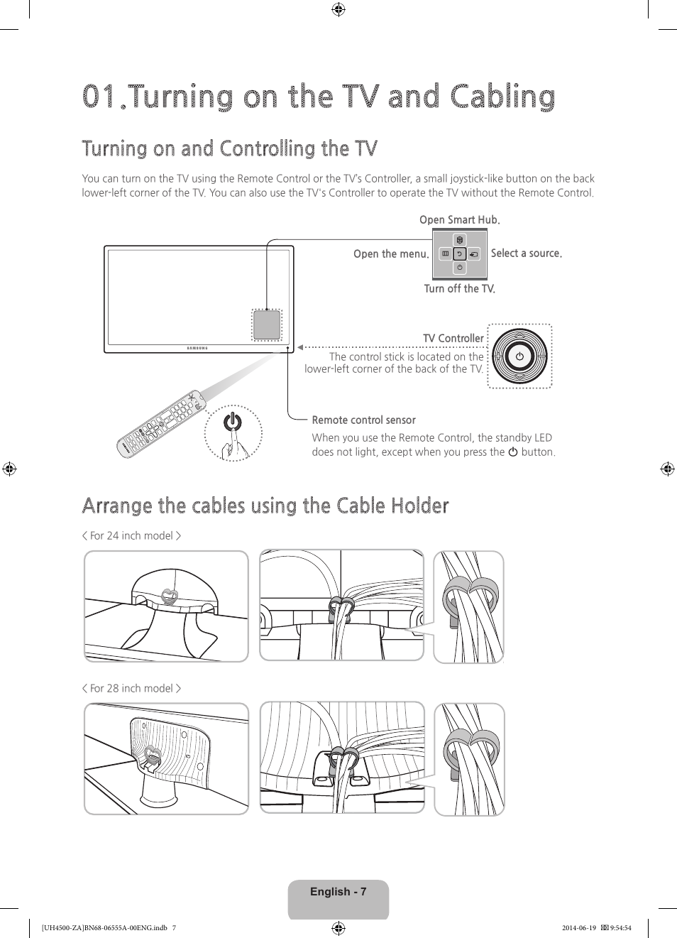 Turning on the tv and cabling, Turning on and controlling the tv, Arrange the cables using the cable holder | Samsung UN24H4500AFXZA User Manual | Page 7 / 30