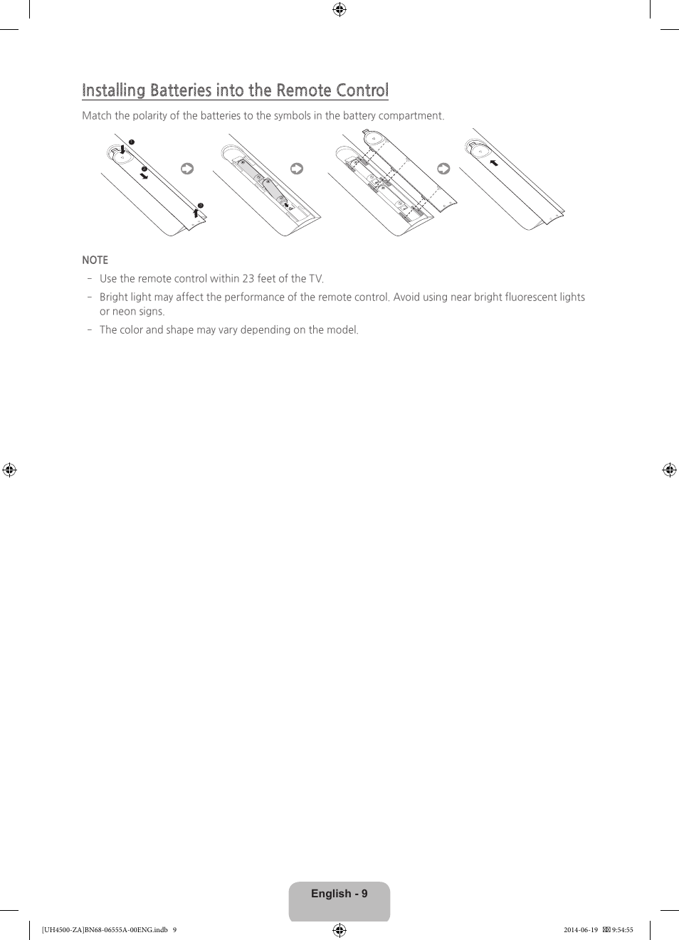 Installing batteries into the remote control | Samsung UN24H4500AFXZA User Manual | Page 9 / 30