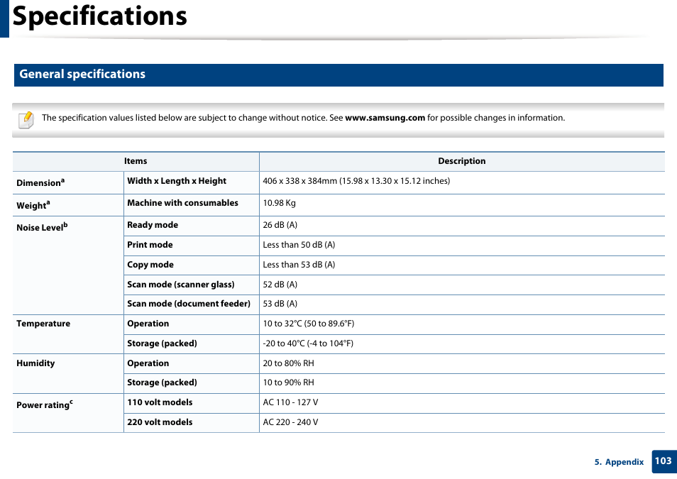 Specifications, General specifications | Samsung SCX-4729FW-XAA User Manual | Page 103 / 317