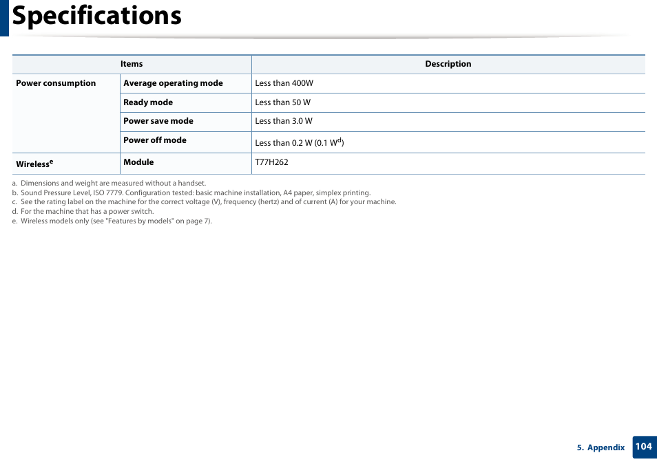 Specifications | Samsung SCX-4729FW-XAA User Manual | Page 104 / 317