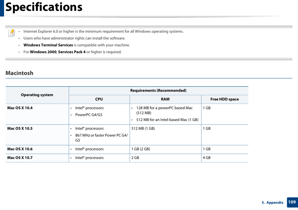 Specifications, Macintosh | Samsung SCX-4729FW-XAA User Manual | Page 109 / 317