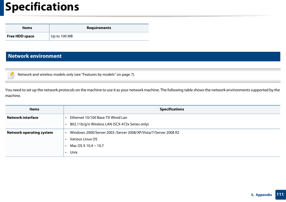 Specifications, Network environment | Samsung SCX-4729FW-XAA User Manual | Page 111 / 317