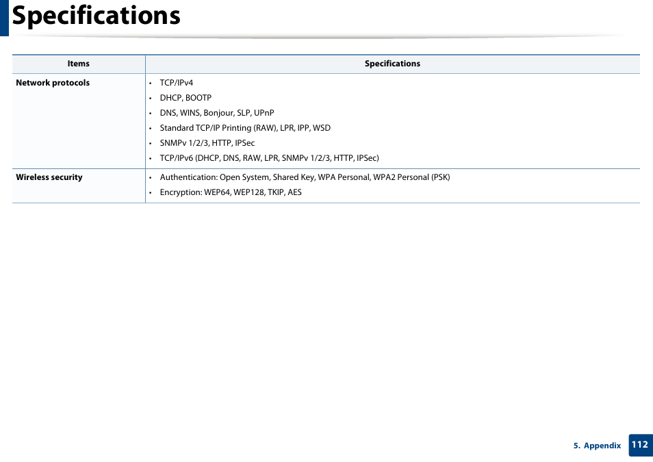 Specifications | Samsung SCX-4729FW-XAA User Manual | Page 112 / 317