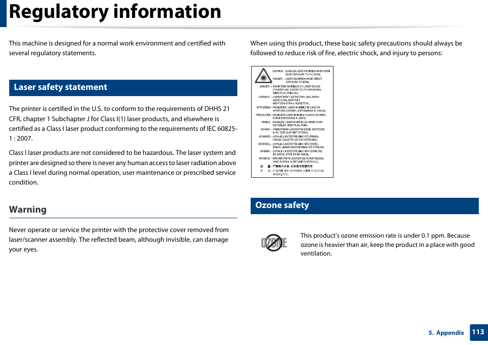 Regulatory information, Warning, Laser safety statement | Ozone safety | Samsung SCX-4729FW-XAA User Manual | Page 113 / 317
