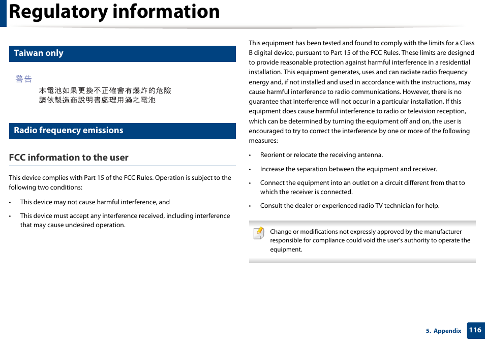 Regulatory information, Fcc information to the user, Taiwan only | Radio frequency emissions | Samsung SCX-4729FW-XAA User Manual | Page 116 / 317