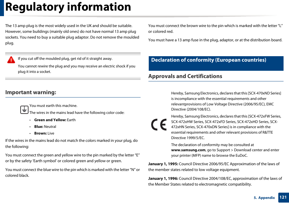 Regulatory information, Important warning, Approvals and certifications | Declaration of conformity (european countries) | Samsung SCX-4729FW-XAA User Manual | Page 121 / 317