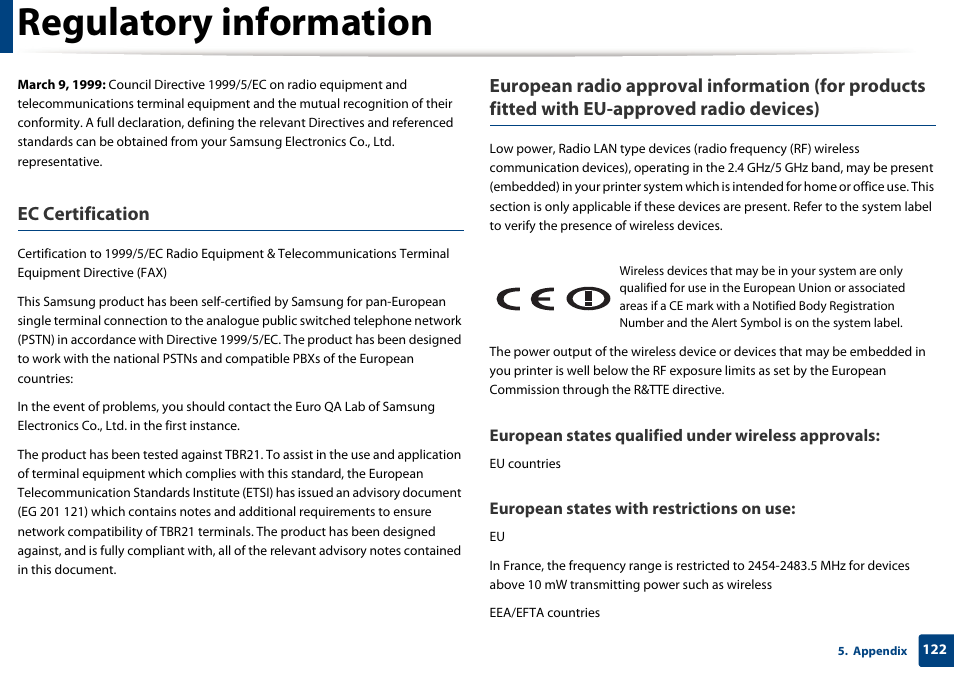 Regulatory information, Ec certification | Samsung SCX-4729FW-XAA User Manual | Page 122 / 317