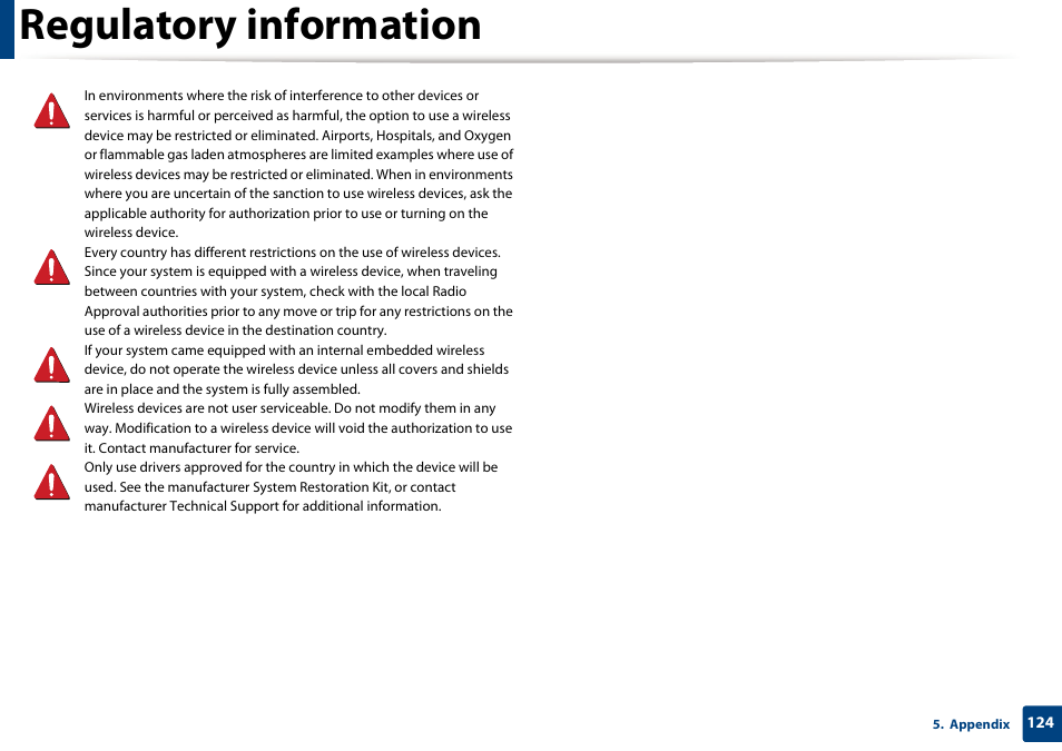 Regulatory information | Samsung SCX-4729FW-XAA User Manual | Page 124 / 317