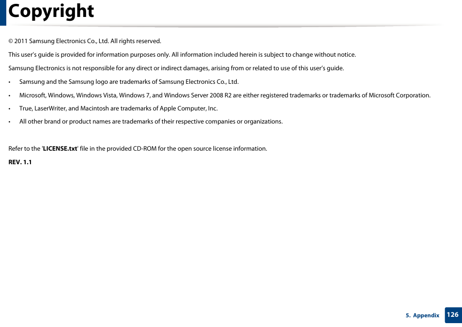 Copyright | Samsung SCX-4729FW-XAA User Manual | Page 126 / 317