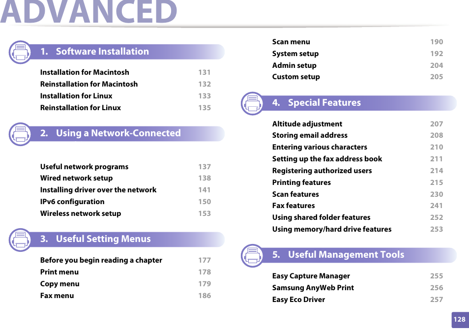 Advanced, Software installation, Using a network-connected machine | Useful setting menus, Special features, Useful management tools | Samsung SCX-4729FW-XAA User Manual | Page 128 / 317
