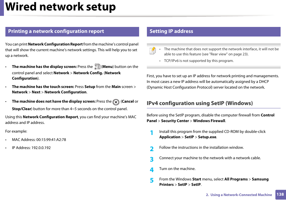 Wired network setup, Ipv4 configuration using setip (windows), Printing a network configuration report | Setting ip address | Samsung SCX-4729FW-XAA User Manual | Page 138 / 317
