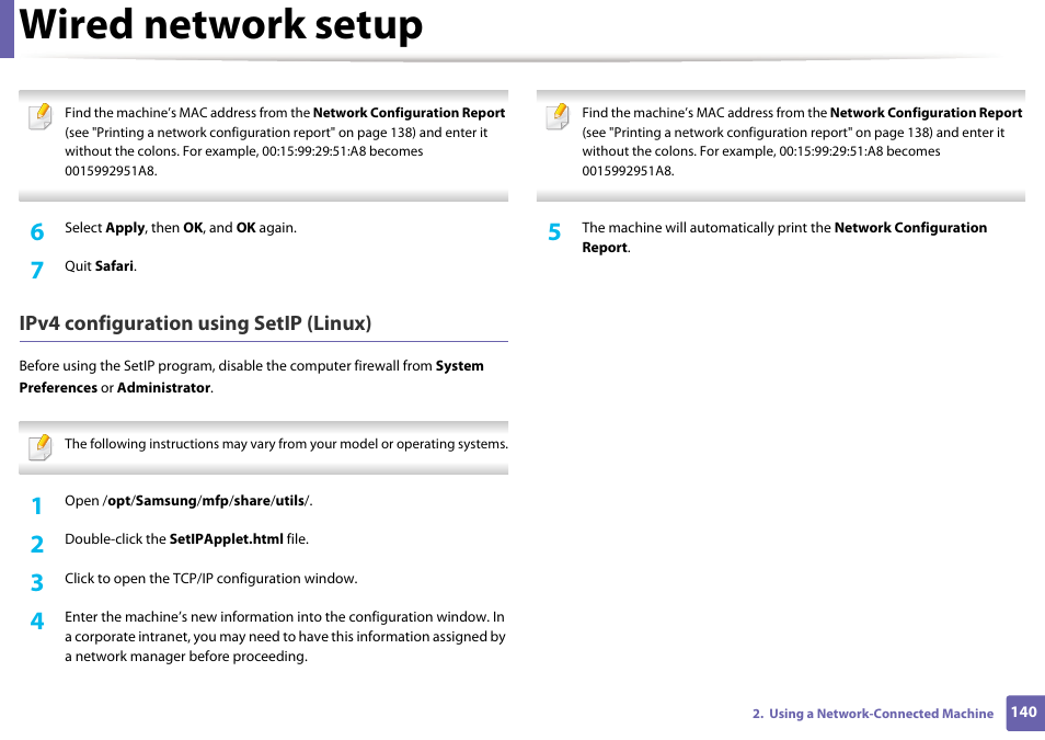 Wired network setup, Ipv4 configuration using setip (linux) | Samsung SCX-4729FW-XAA User Manual | Page 140 / 317