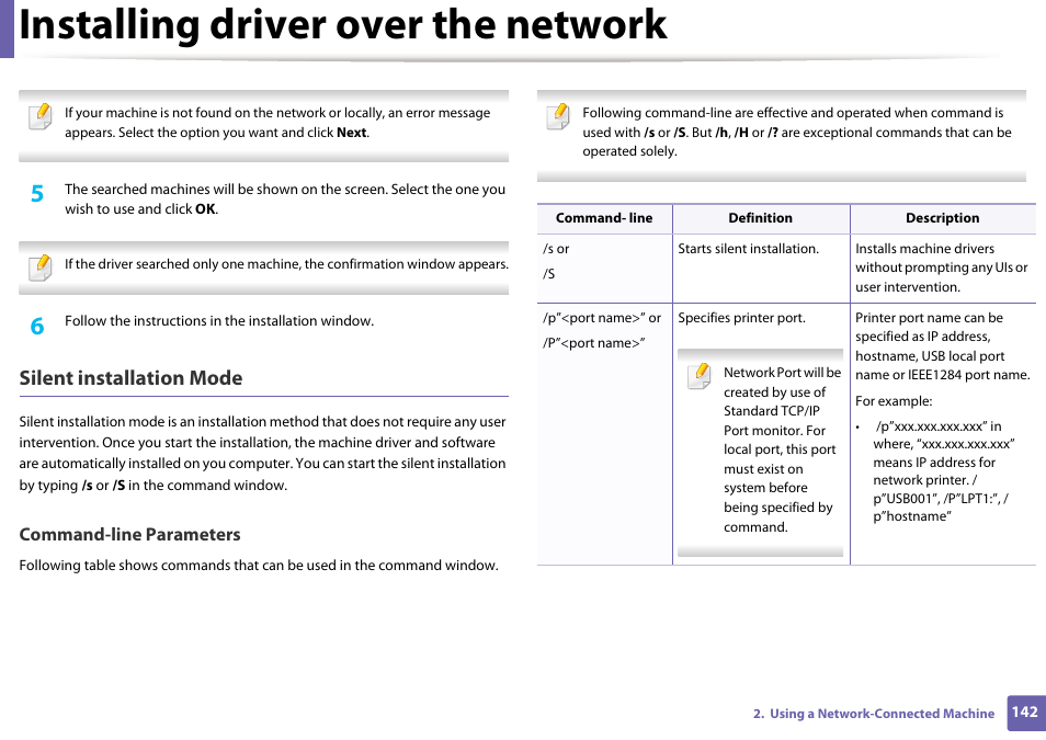 Installing driver over the network, Silent installation mode, Command-line parameters | Samsung SCX-4729FW-XAA User Manual | Page 142 / 317