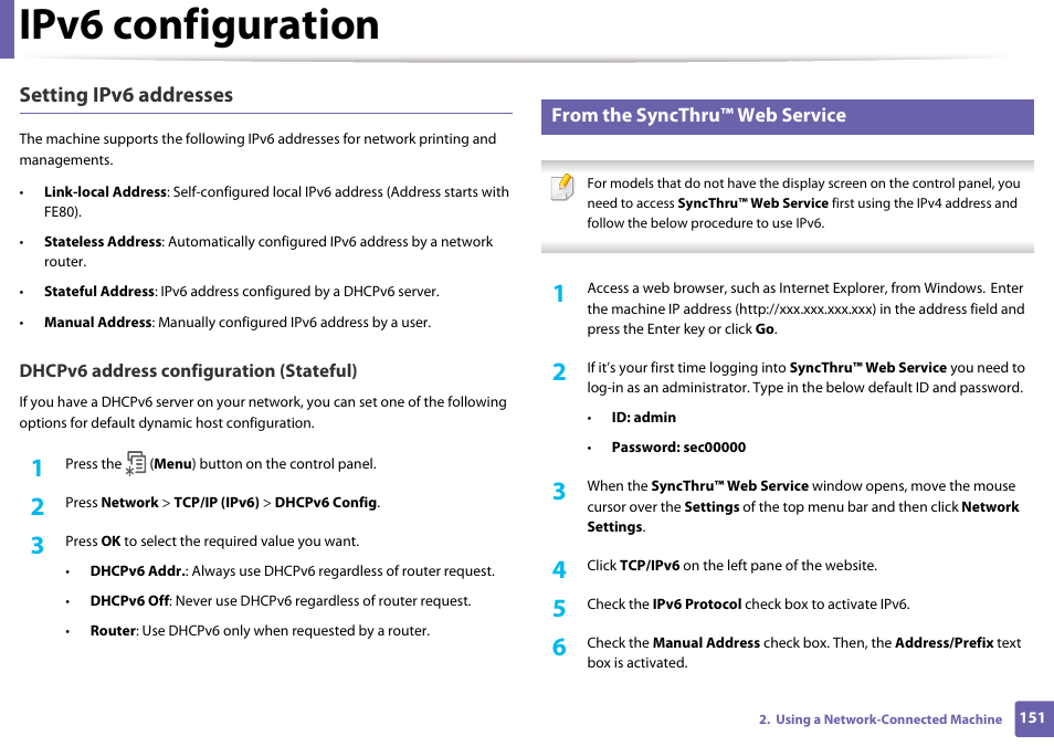 Ipv6 configuration, Setting ipv6 addresses | Samsung SCX-4729FW-XAA User Manual | Page 151 / 317