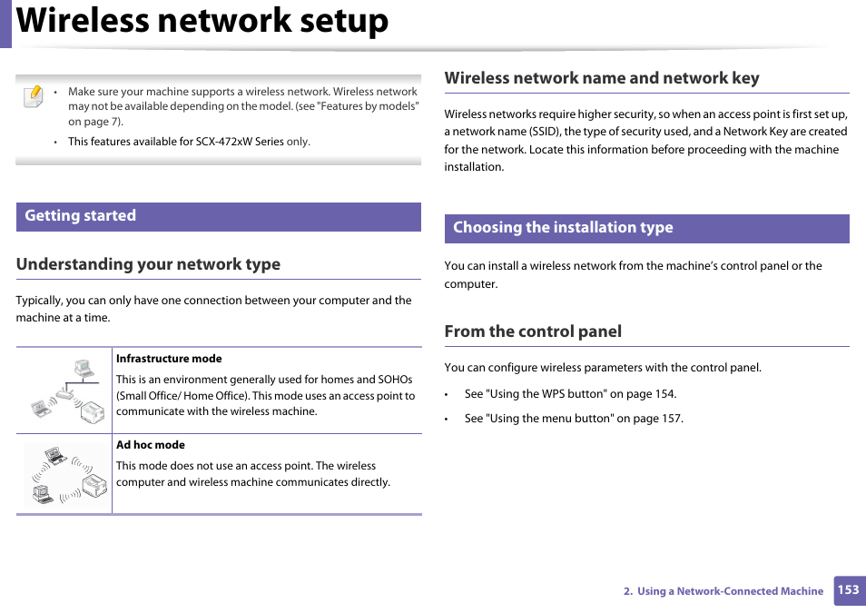 Wireless network setup, Understanding your network type, Wireless network name and network key | Getting started, Choosing the installation type | Samsung SCX-4729FW-XAA User Manual | Page 153 / 317