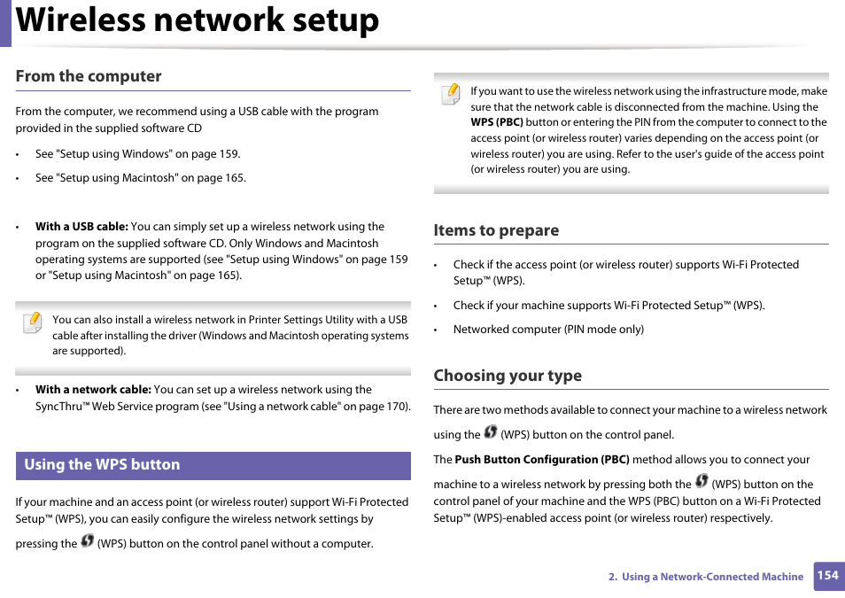 Wireless network setup, Items to prepare, Choosing your type | Using the wps button | Samsung SCX-4729FW-XAA User Manual | Page 154 / 317