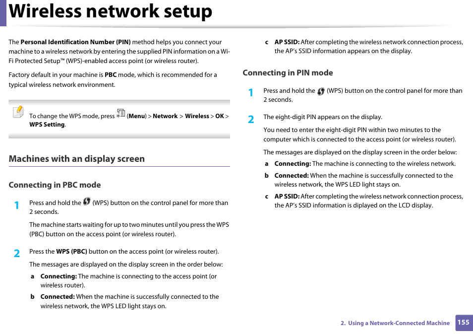 Wireless network setup, Machines with an display screen | Samsung SCX-4729FW-XAA User Manual | Page 155 / 317
