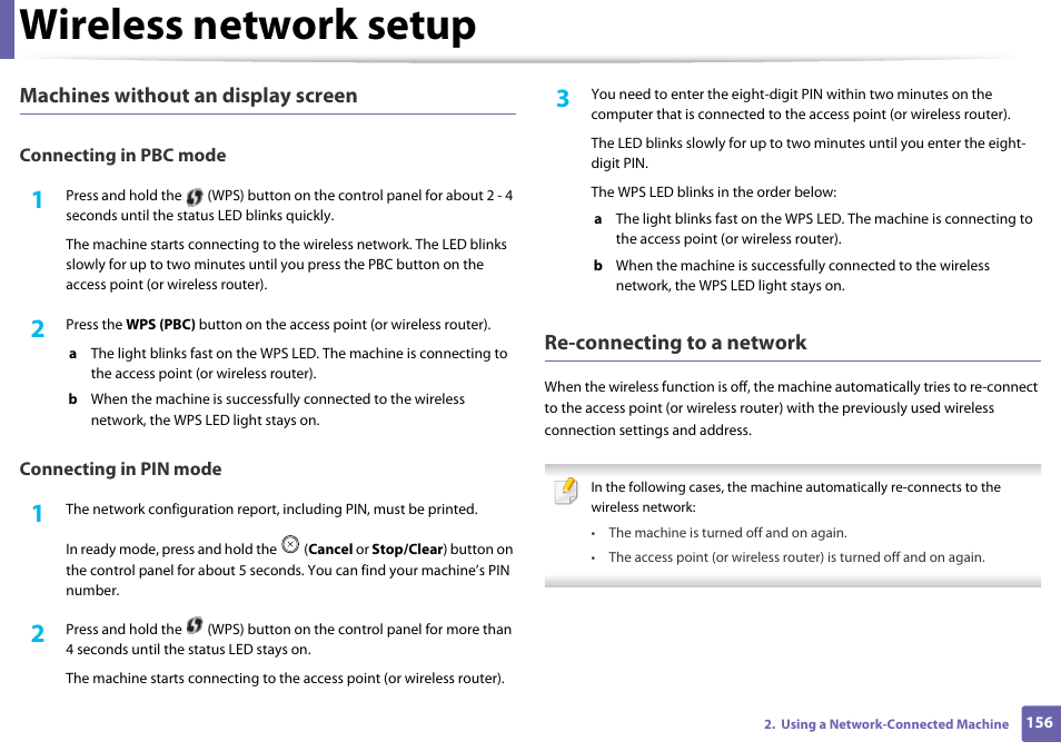 Wireless network setup, Machines without an display screen, Re-connecting to a network | Samsung SCX-4729FW-XAA User Manual | Page 156 / 317