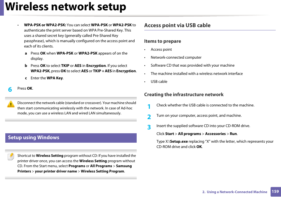 Wireless network setup, Access point via usb cable, Setup using windows | Samsung SCX-4729FW-XAA User Manual | Page 159 / 317