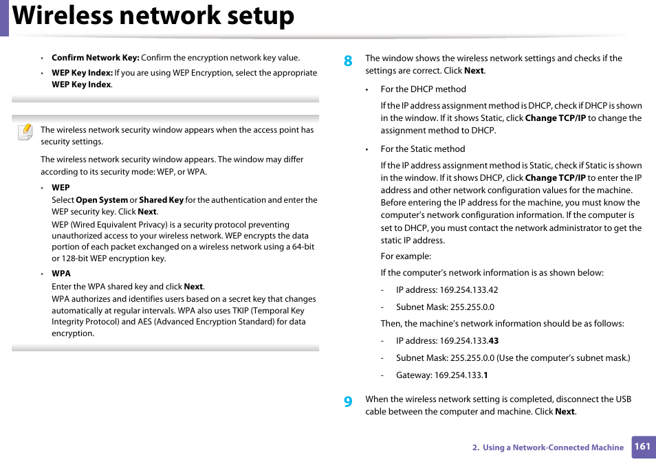 Wireless network setup | Samsung SCX-4729FW-XAA User Manual | Page 161 / 317