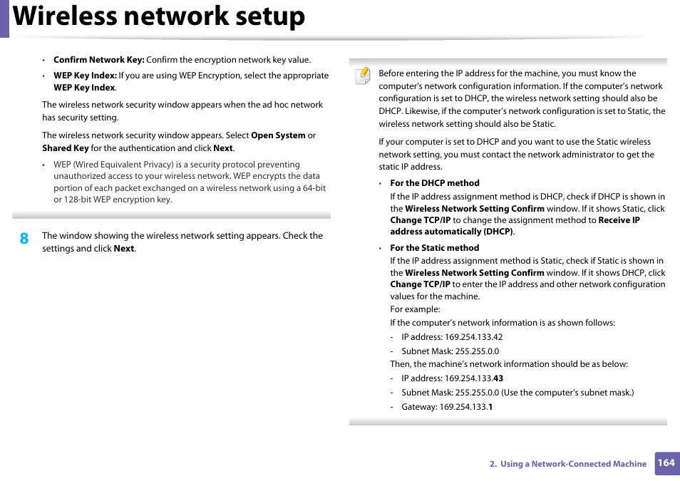 Wireless network setup | Samsung SCX-4729FW-XAA User Manual | Page 164 / 317