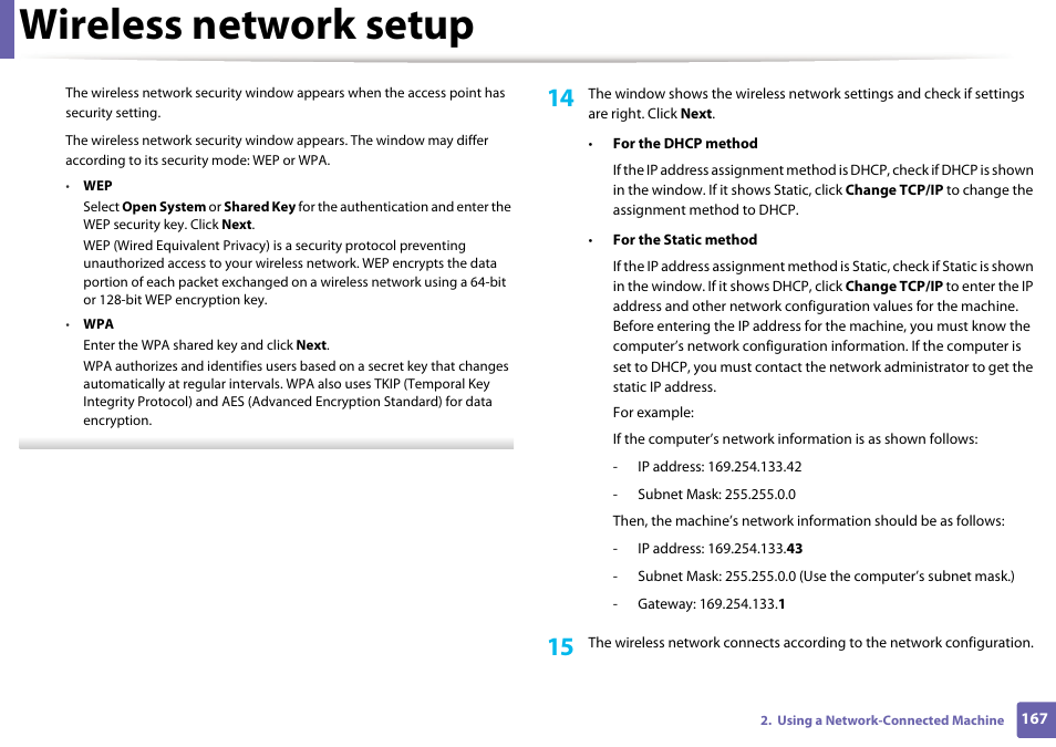 Wireless network setup | Samsung SCX-4729FW-XAA User Manual | Page 167 / 317