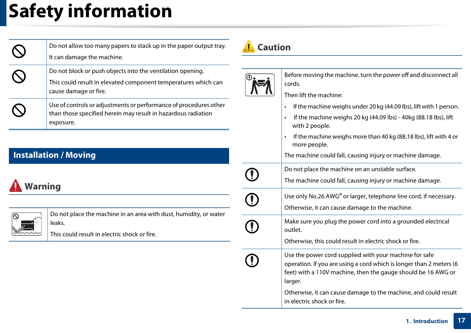 Safety information, Warning caution, Installation / moving | Samsung SCX-4729FW-XAA User Manual | Page 17 / 317