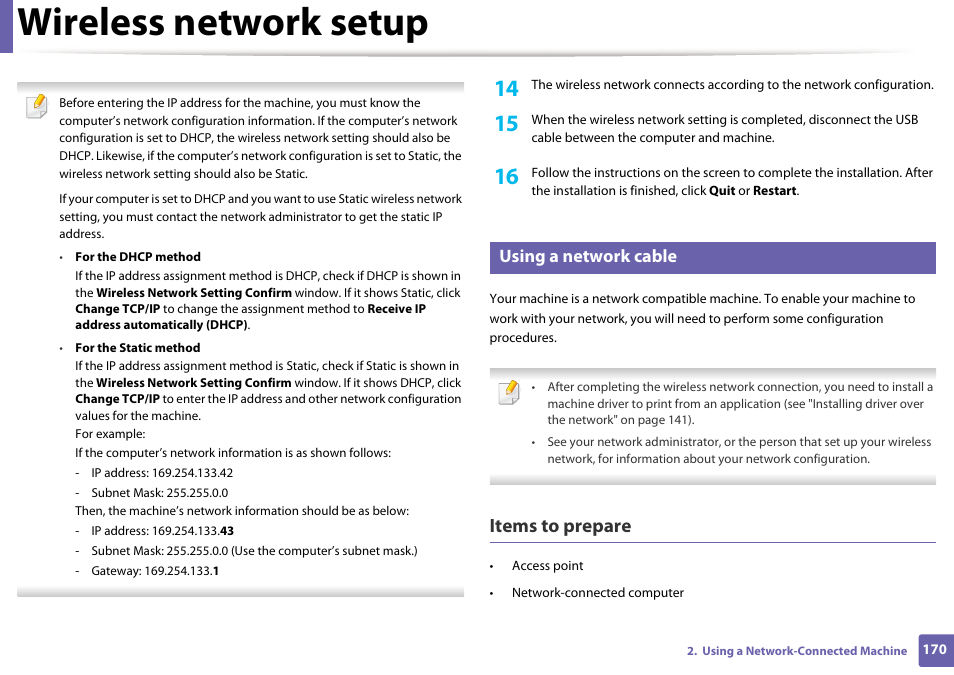 Wireless network setup, Items to prepare, Using a network cable | Samsung SCX-4729FW-XAA User Manual | Page 170 / 317