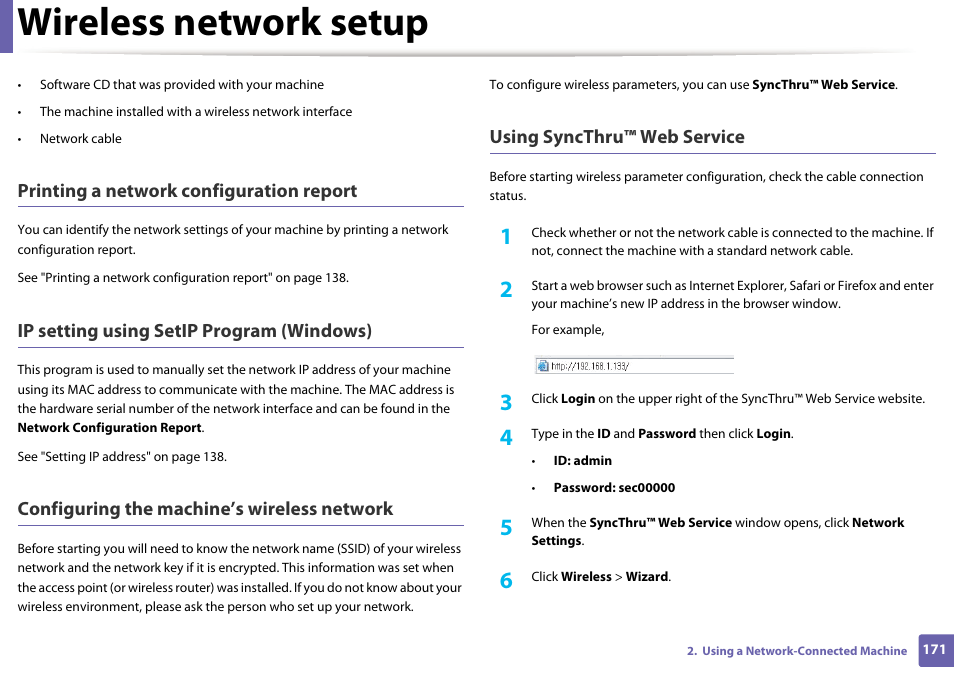 Wireless network setup, Printing a network configuration report, Ip setting using setip program (windows) | Configuring the machine’s wireless network, Using syncthru™ web service | Samsung SCX-4729FW-XAA User Manual | Page 171 / 317
