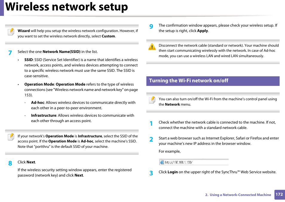 Wireless network setup, Turning the wi-fi network on/off | Samsung SCX-4729FW-XAA User Manual | Page 172 / 317