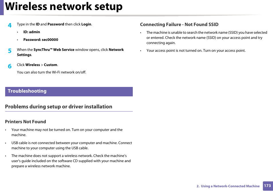 Wireless network setup, Problems during setup or driver installation | Samsung SCX-4729FW-XAA User Manual | Page 173 / 317