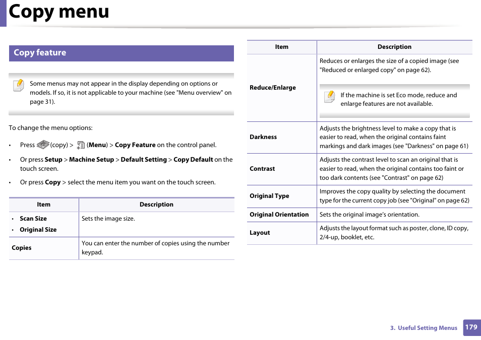 Copy menu, Copy feature | Samsung SCX-4729FW-XAA User Manual | Page 179 / 317