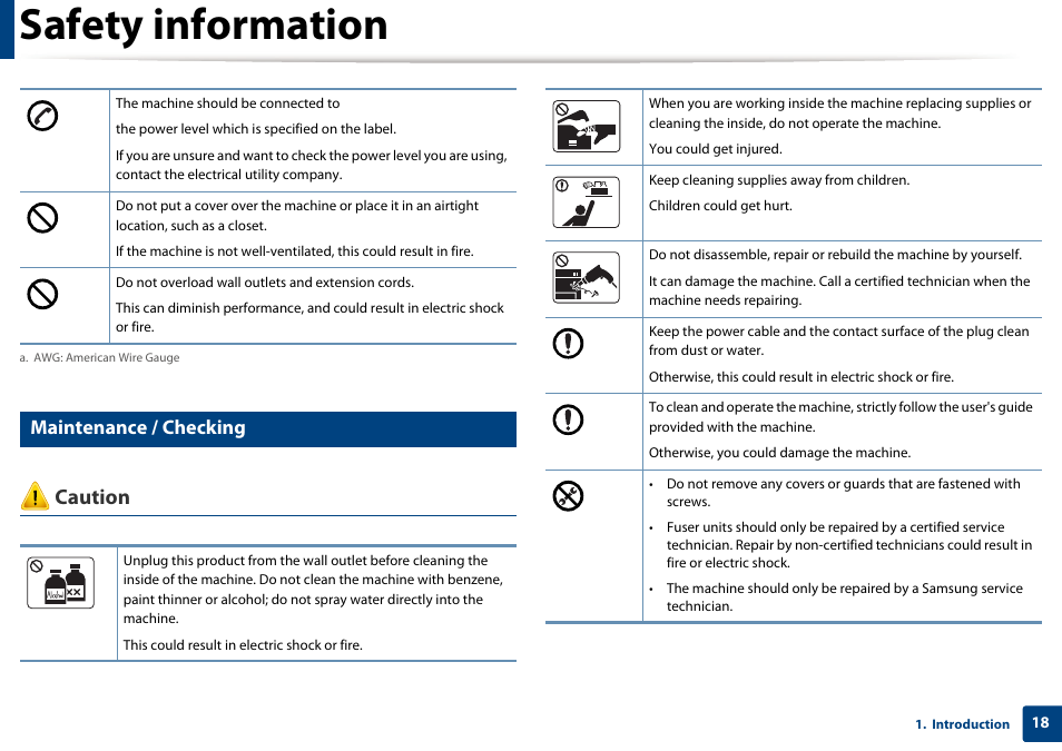 Safety information, Caution, Maintenance / checking | Samsung SCX-4729FW-XAA User Manual | Page 18 / 317