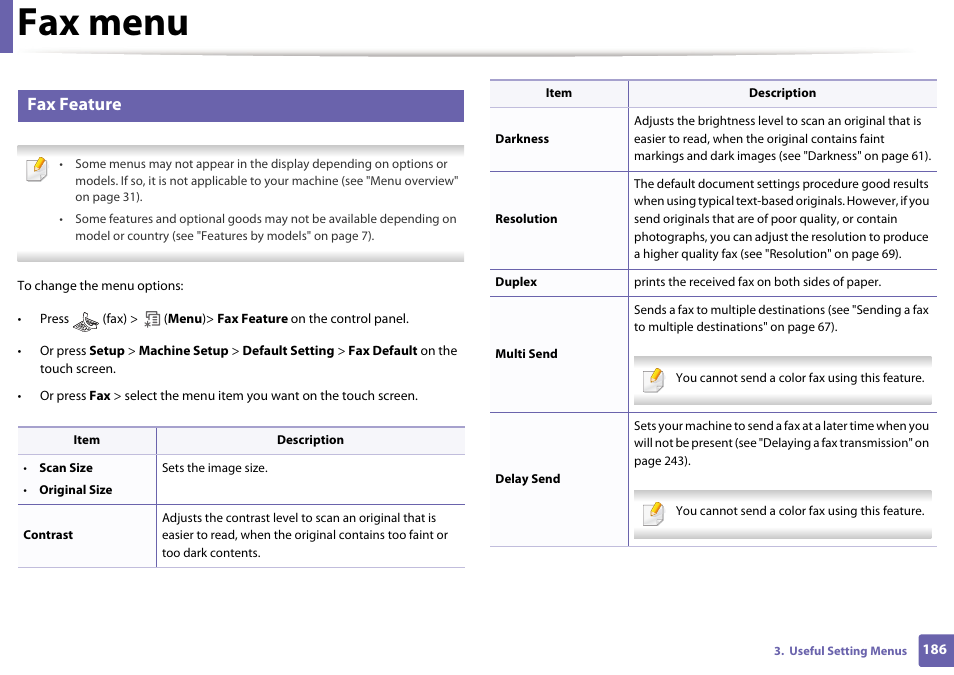 Fax menu, Fax feature | Samsung SCX-4729FW-XAA User Manual | Page 186 / 317