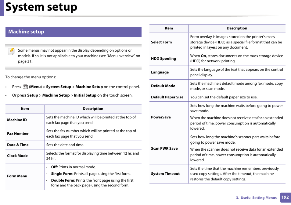 System setup, Machine setup | Samsung SCX-4729FW-XAA User Manual | Page 192 / 317
