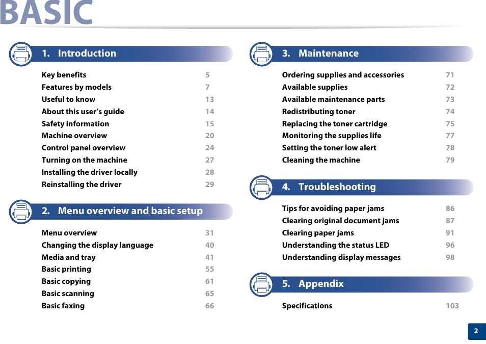 Basic, Introduction, Menu overview and basic setup | Maintenance, Troubleshooting, Appendix | Samsung SCX-4729FW-XAA User Manual | Page 2 / 317