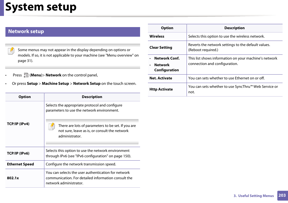 System setup, Network setup | Samsung SCX-4729FW-XAA User Manual | Page 203 / 317