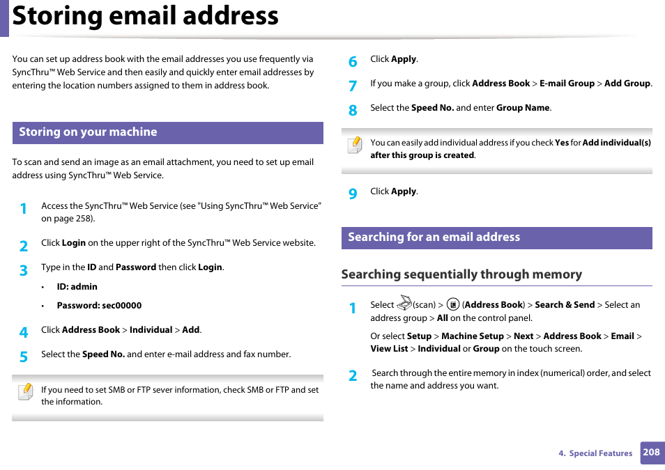 Storing email address | Samsung SCX-4729FW-XAA User Manual | Page 208 / 317