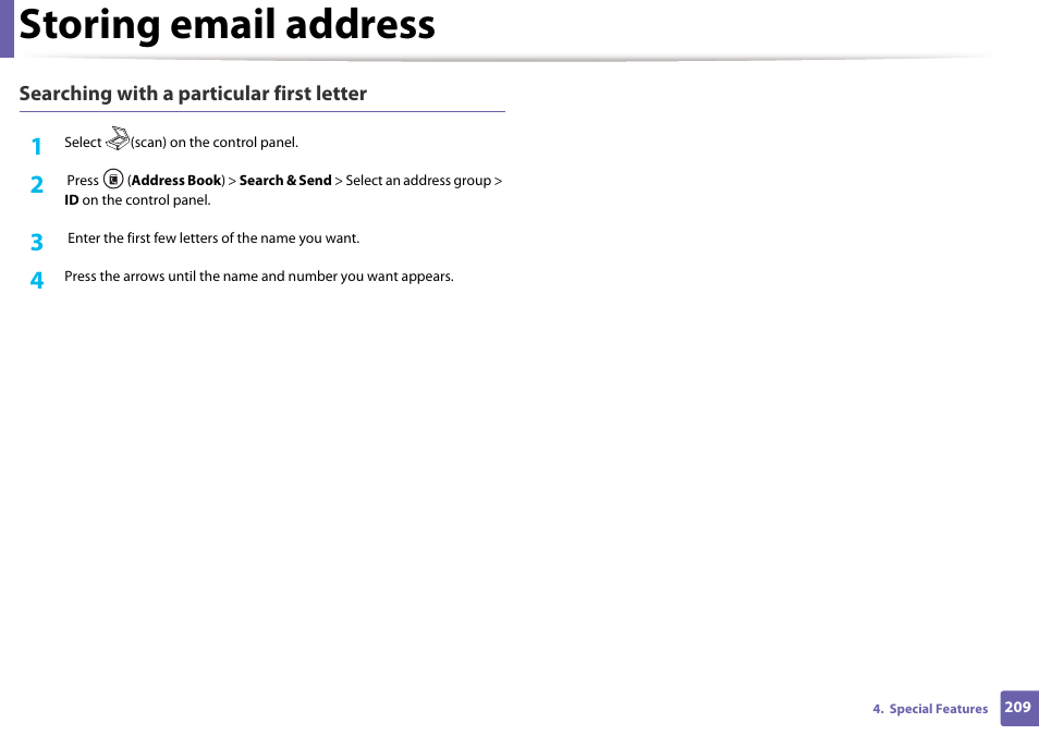 Storing email address | Samsung SCX-4729FW-XAA User Manual | Page 209 / 317