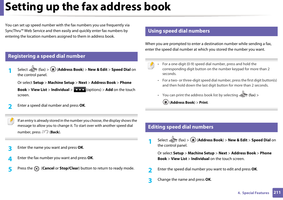 Setting up the fax address book, Registering a speed dial number, Using speed dial numbers | Editing speed dial numbers | Samsung SCX-4729FW-XAA User Manual | Page 211 / 317
