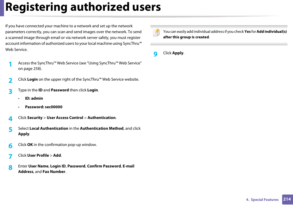 Registering authorized users | Samsung SCX-4729FW-XAA User Manual | Page 214 / 317