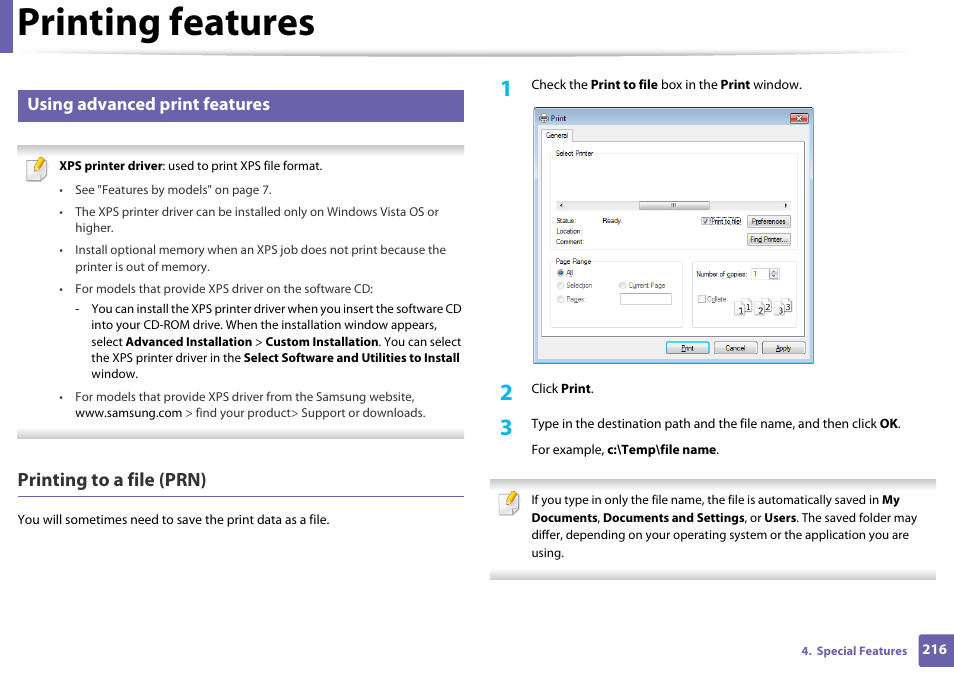 Printing features, Printing to a file (prn), Using advanced print features | Samsung SCX-4729FW-XAA User Manual | Page 216 / 317