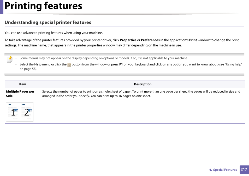 Printing features, Understanding special printer features | Samsung SCX-4729FW-XAA User Manual | Page 217 / 317