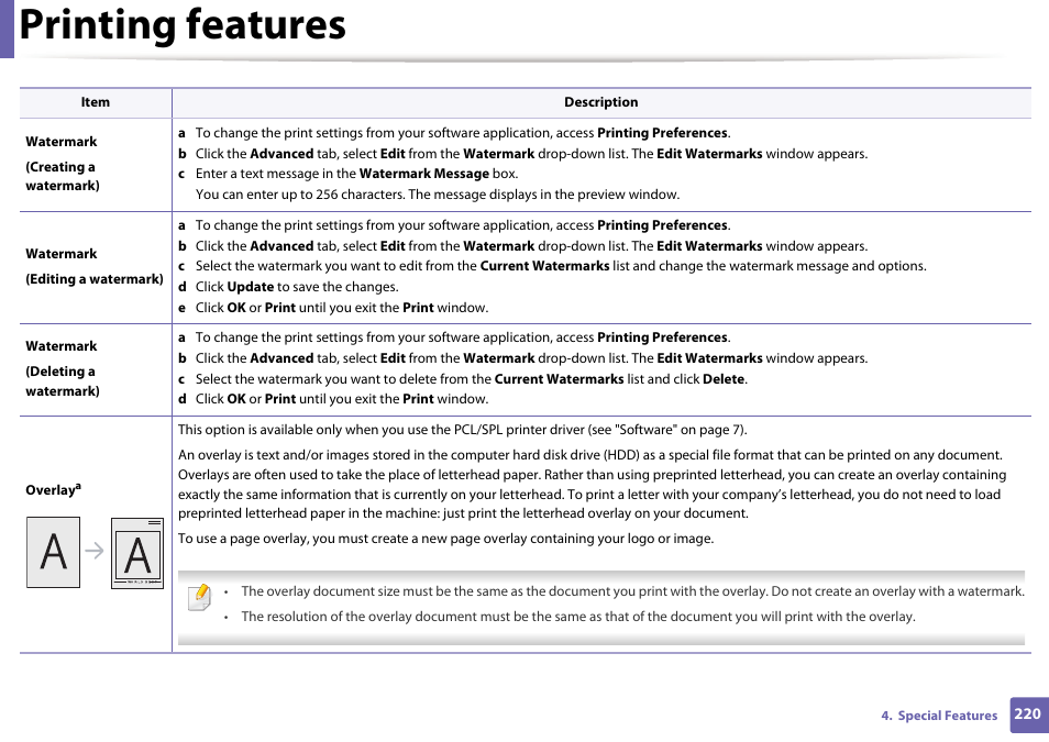 Printing features | Samsung SCX-4729FW-XAA User Manual | Page 220 / 317