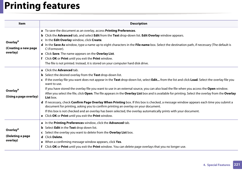 Printing features | Samsung SCX-4729FW-XAA User Manual | Page 221 / 317