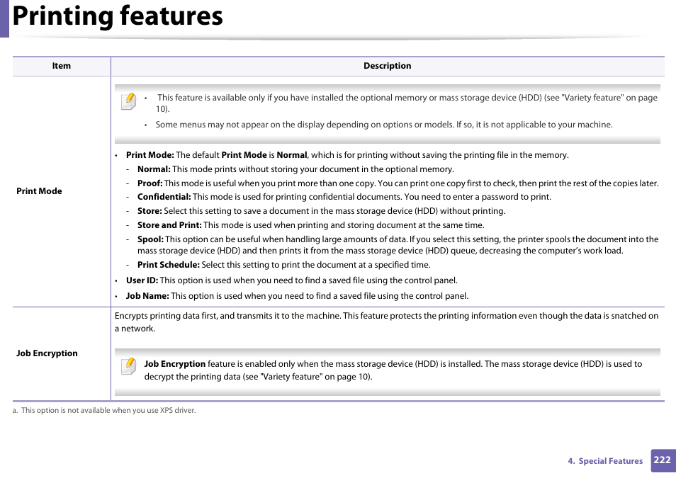 Printing features | Samsung SCX-4729FW-XAA User Manual | Page 222 / 317